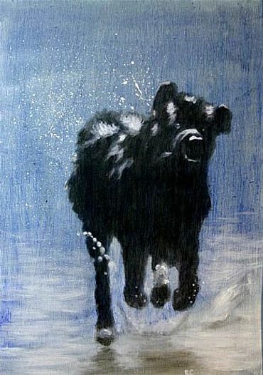 Painting of a black dog running.
