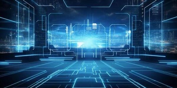 Futuristic digital cityscape with glowing blue circuit patterns.