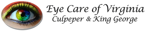The logo for Eye care of virginia. Has the name to the right of a rainbow colored eye of a person