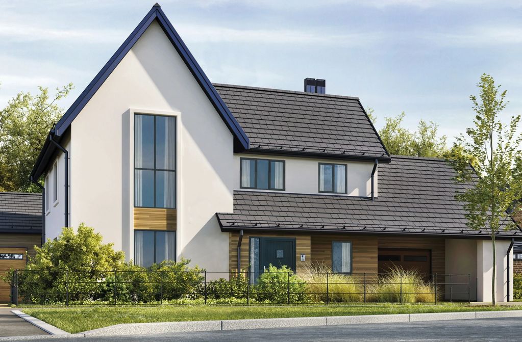 Modern two story house with white rendered walls and sleek black aluminium windows & doors