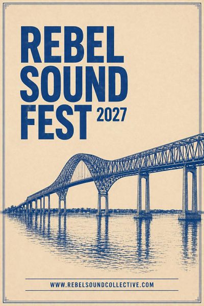 Poster for Rebel Sound Fest 2027 featuring a blue bridge illustration.
