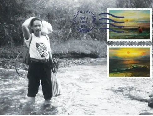A man stands in a shallow river with two postage stamps featured on the image.