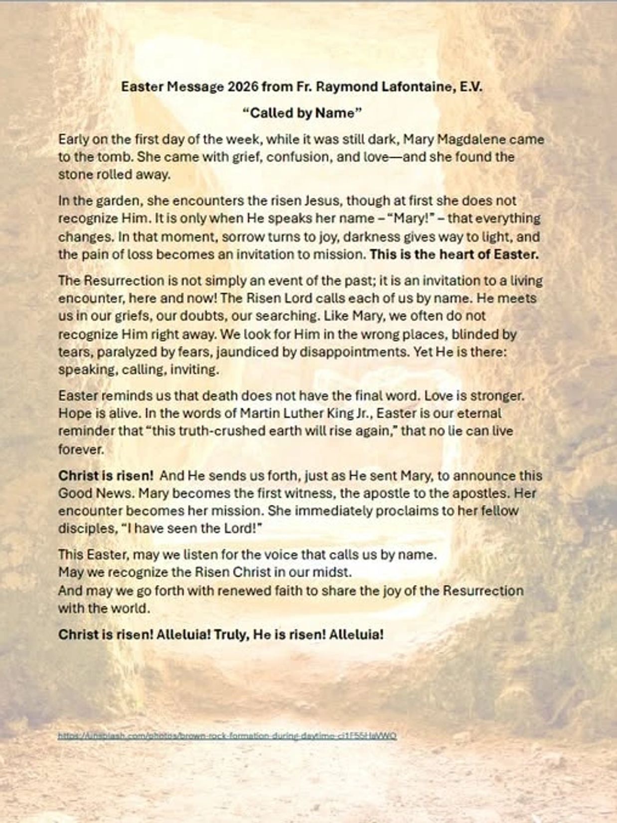 Easter message focusing on resurrection and faith by Fr. Raymond Lafontaine.