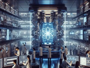 Scientists in a futuristic lab studying advanced atomic energy technology.