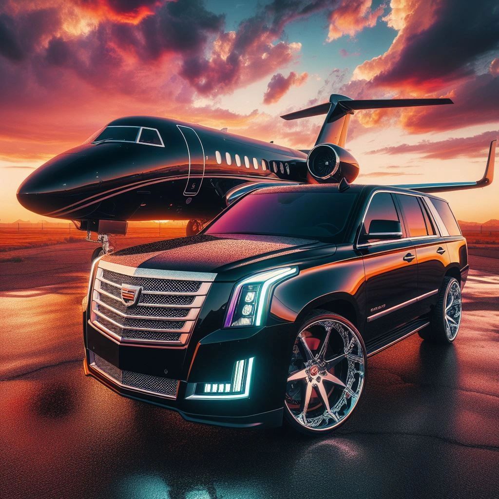 a beautiful sunset and a black SUV with a Black private jet