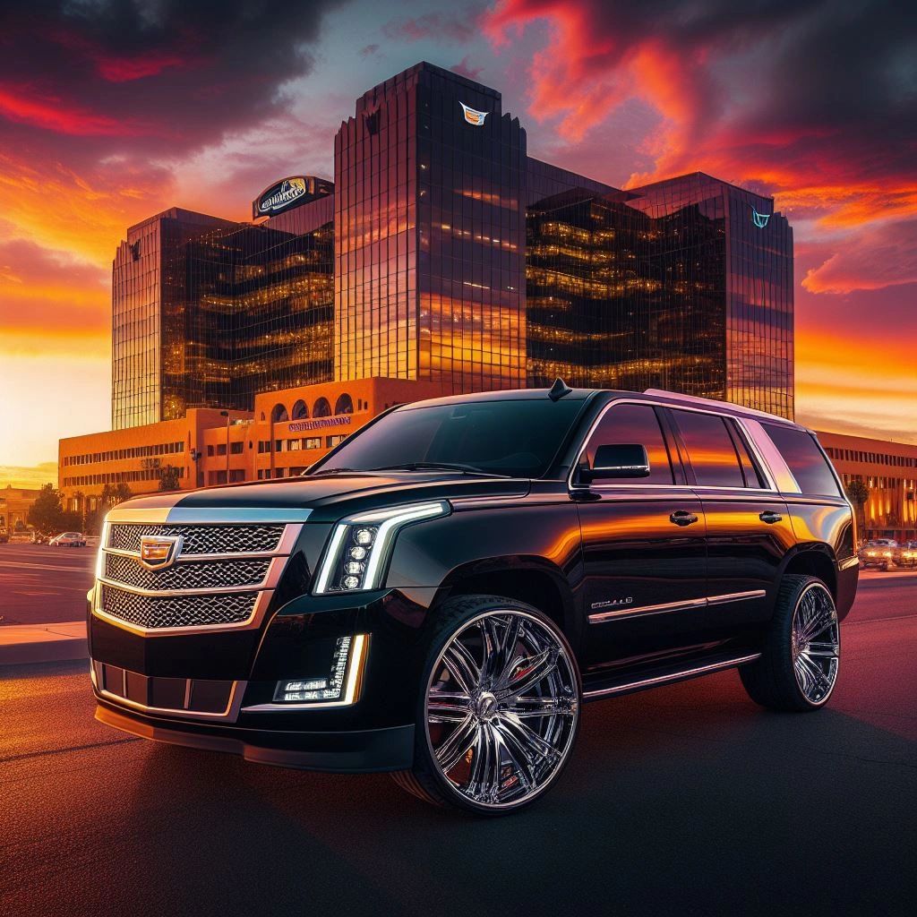 a Black Cadillac Escalade with a modern corporate building behind it and a beautiful sunset