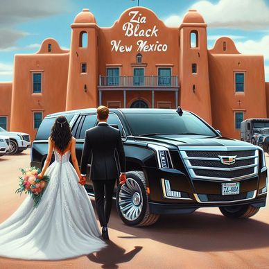 a bride and groom smiling as they are walking toward an adobe building with a black Cadillac Escalad