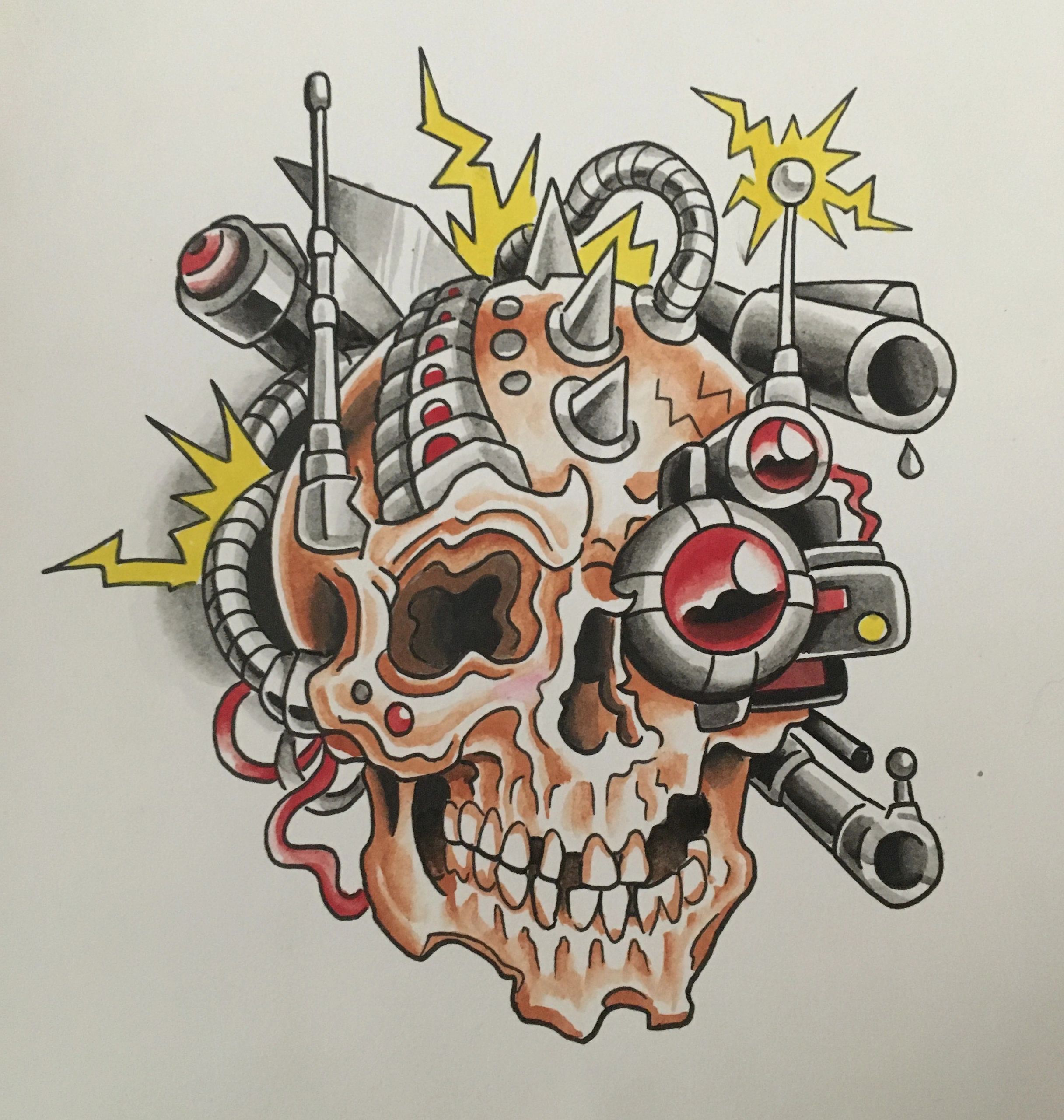 Cyborg Skull Tattoo Design by Richard Lamos, Bliss Tattoo, Asheville, NC