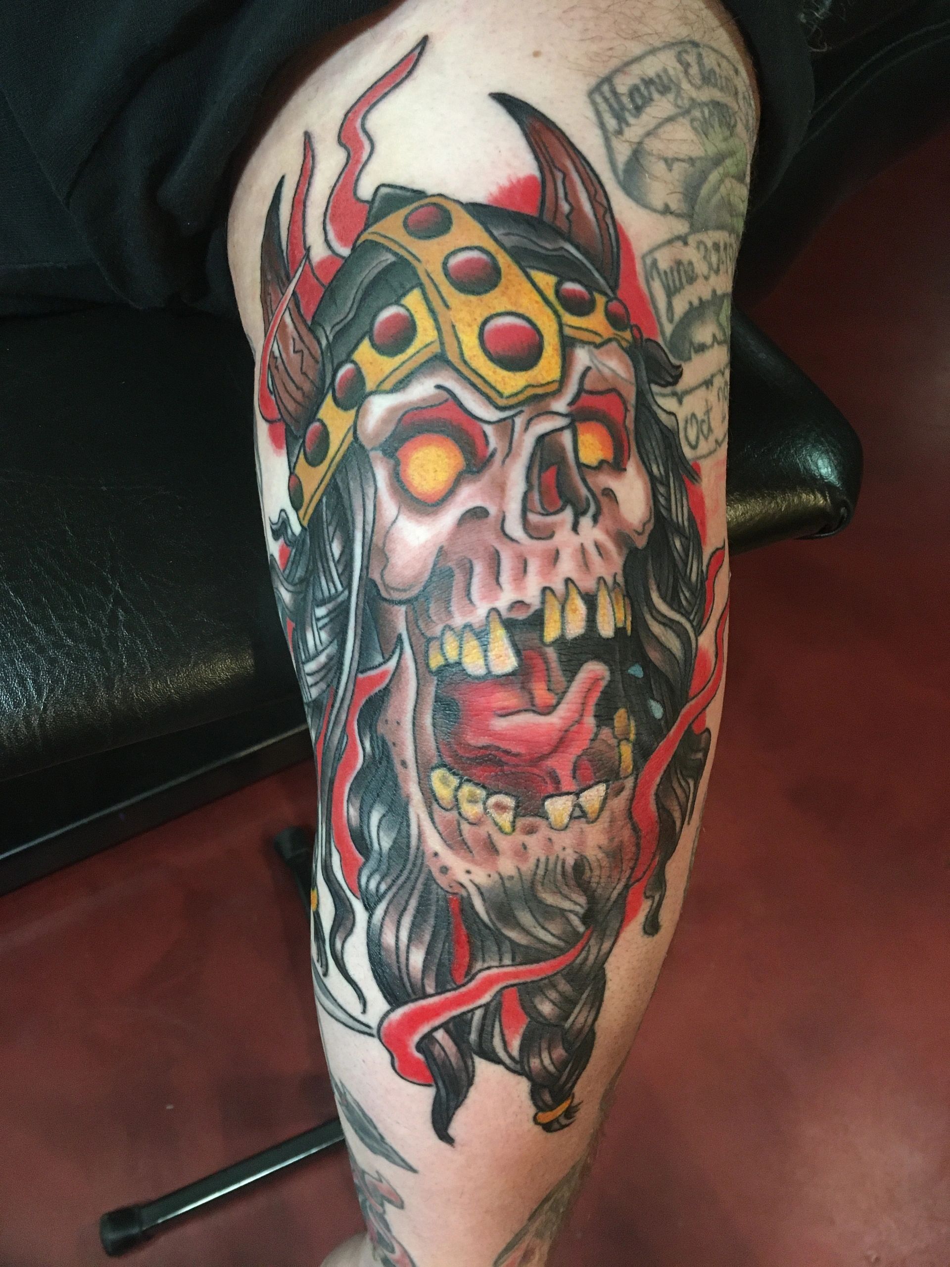 viking skull tattoo by Richard Lamos, Bliss Tattoo, Asheville, NC