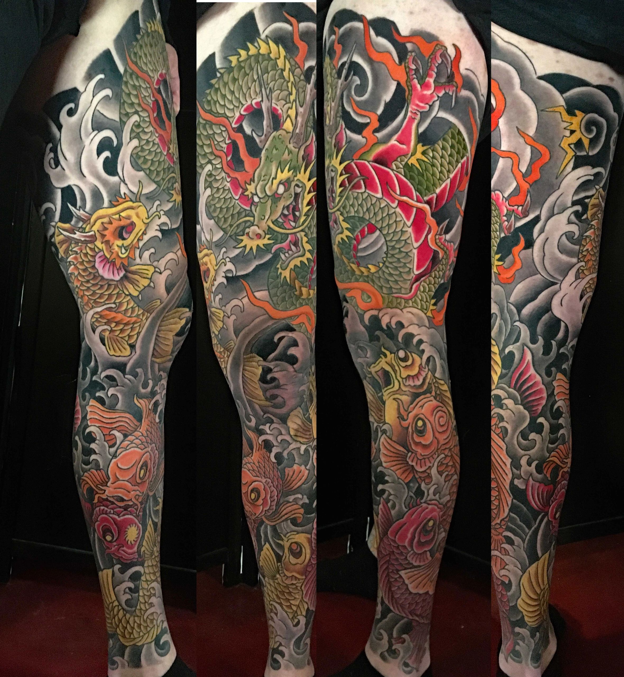 Dragon and koi leg sleeve by Richard Lamos, Iron Wolves Tattoo, Asheville, NC