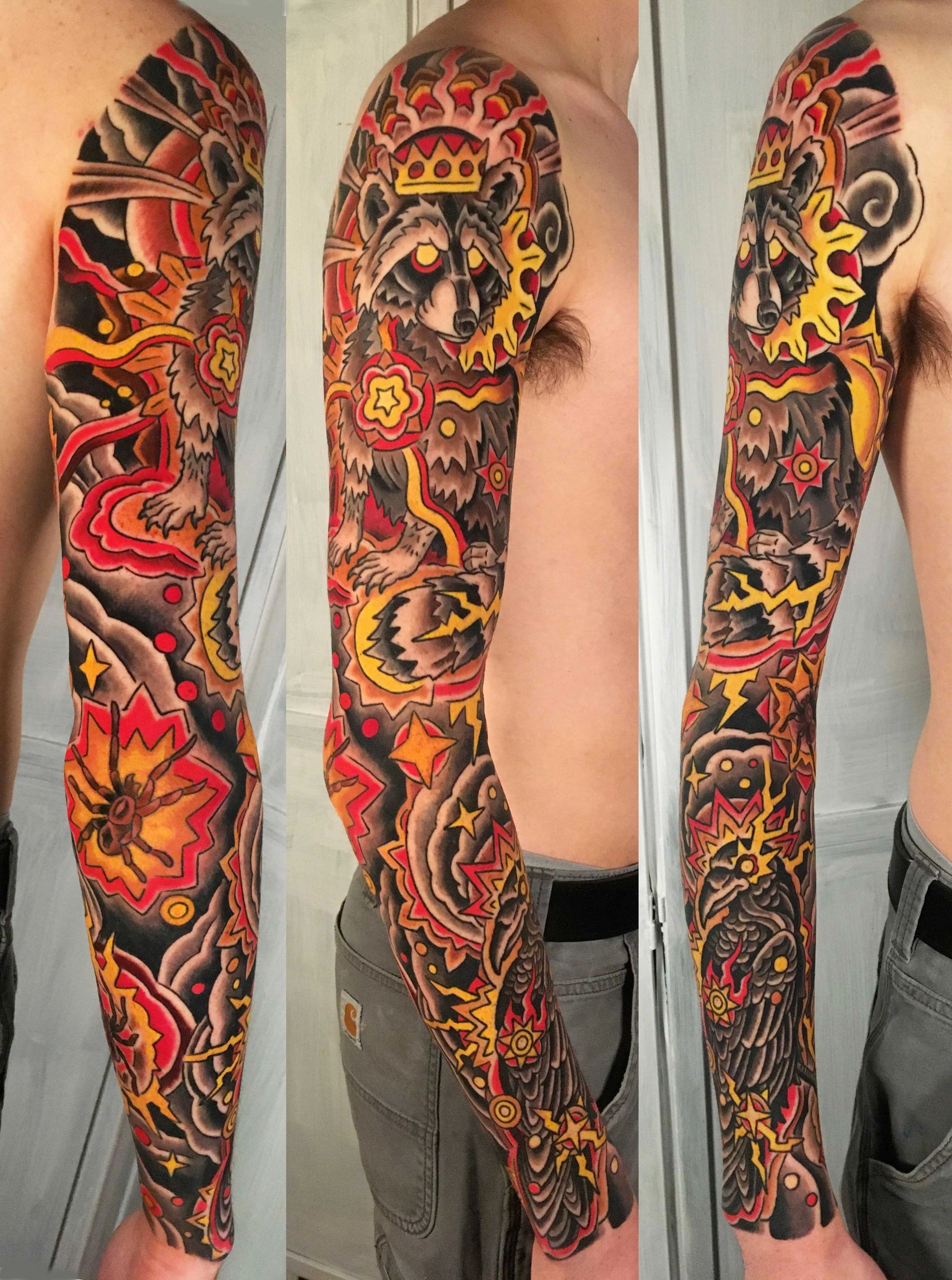 Raccoon and Raven Sleeve Tattoo by Richard Lamos, Iron Wolves Tattoo, Swannanoa, NC