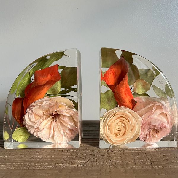 set of bookends with preserved peony, rose, lily and eucalyptus