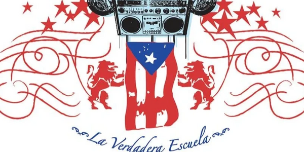 La Verdadera Escuela 
Dos Leones cuidando la bandera. La bandera esta ensangrentada.