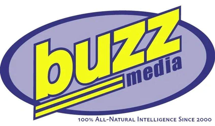 Buzz Media logo with yellow text on a blue oval background.