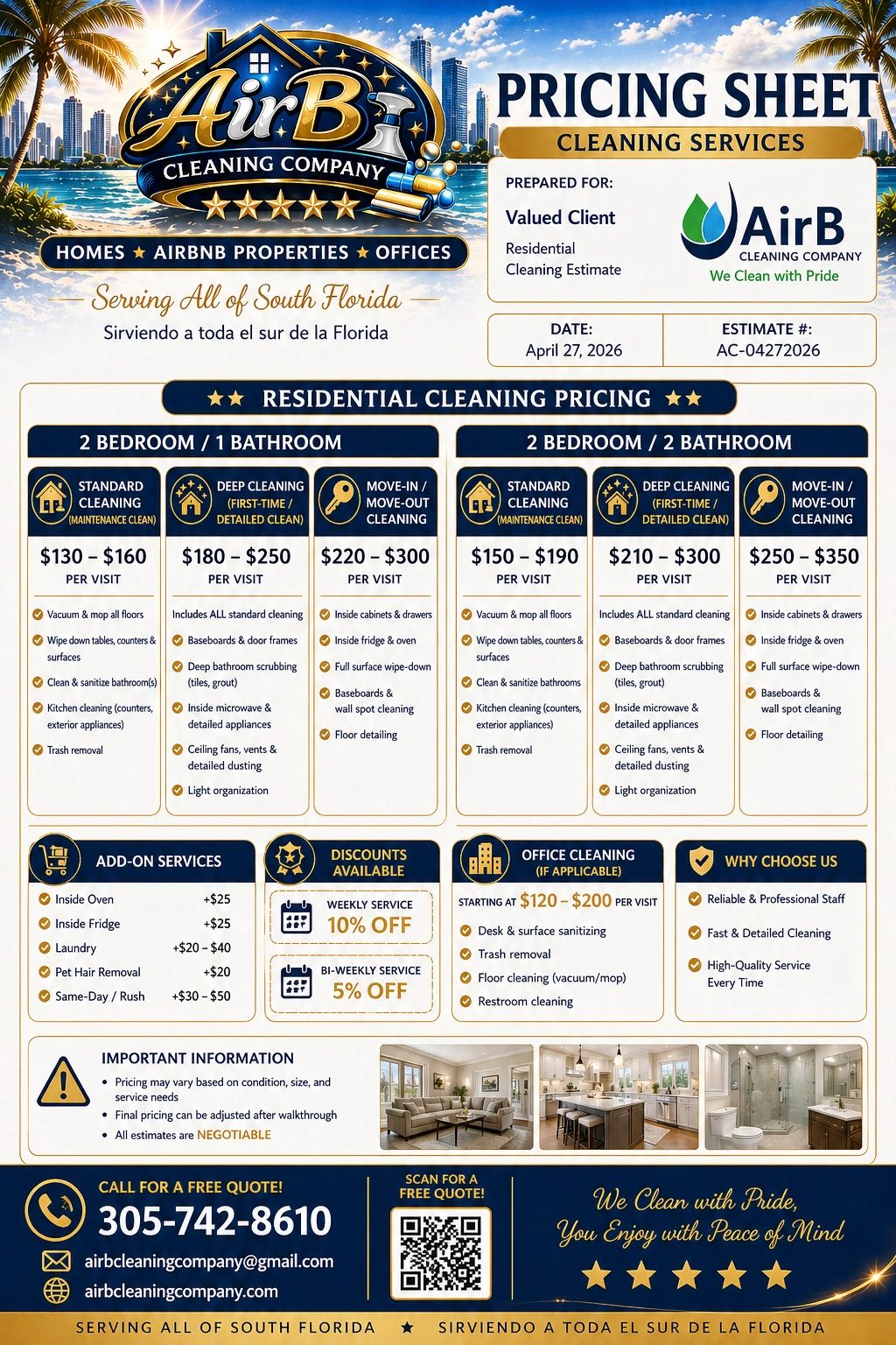 AirB Cleaning Company pricing sheet for residential and office cleaning in South Florida.