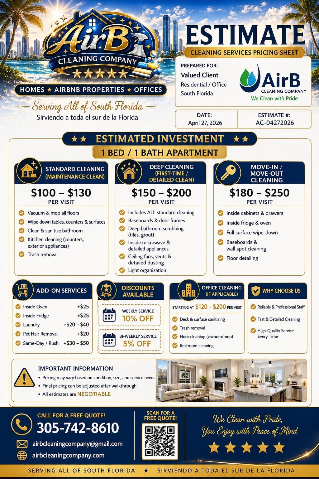 AirB Cleaning Company pricing sheet for 1 bed/1 bath apartment cleaning services in South Florida.