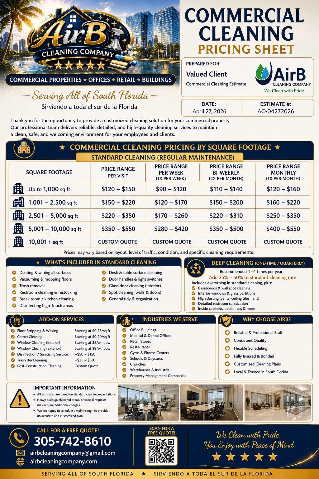 AirB Cleaning Company commercial cleaning pricing and services sheet for South Florida.