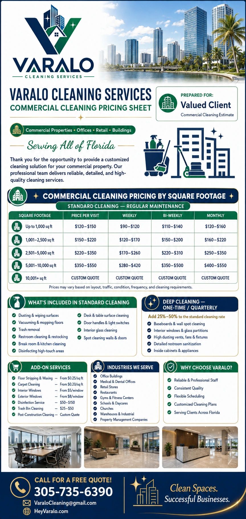Varalo Cleaning Services commercial cleaning pricing and details for Florida properties.