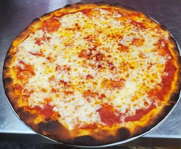 A classic cheese pizza with a golden-brown crust on a metal tray.