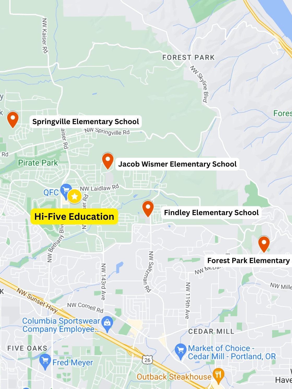 Map of Hi-Five Education in between the local schools in the area.