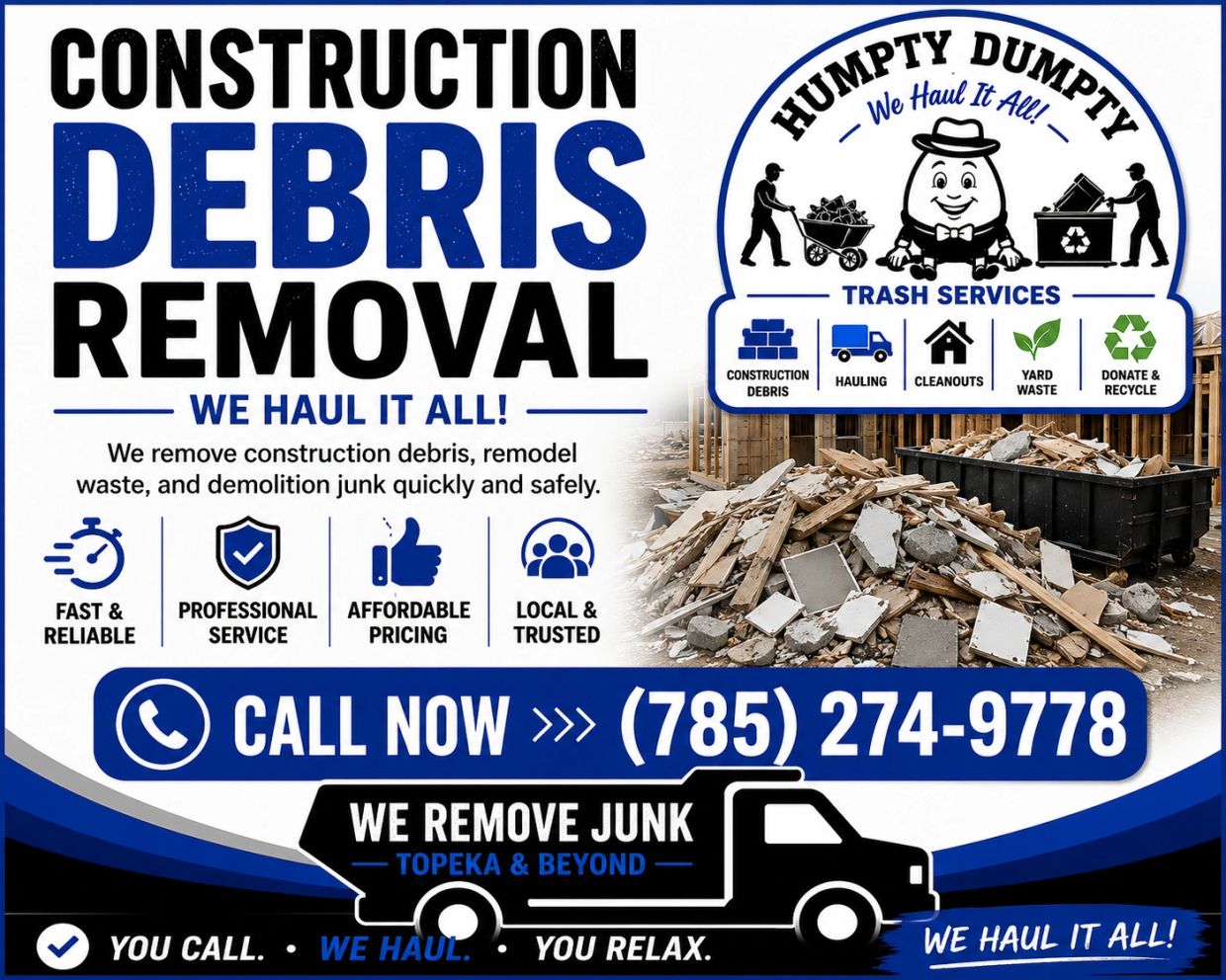 Construction debris removal service with fast, affordable, and professional hauling.