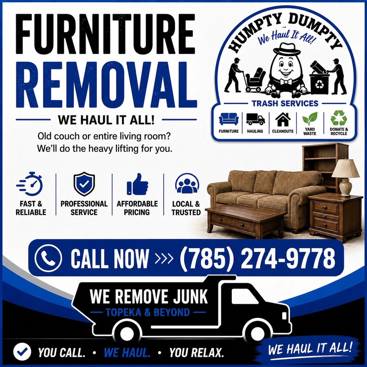 Professional furniture removal in Topeka, KS. We haul couches, mattresses, dressers, tables, and mor