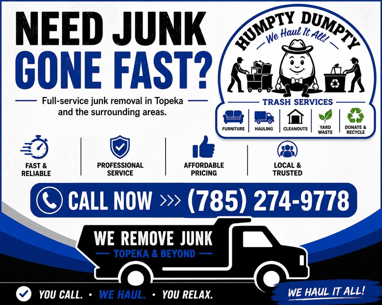 Junk removal in Topeka, KS for homes and businesses. We haul furniture, appliances, debris, and unwa