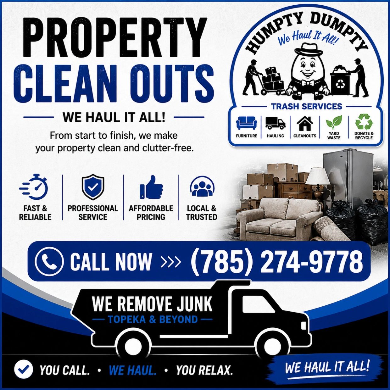 Property cleanout services in Topeka, KS for homes, rentals, estates, foreclosures, and businesses. 