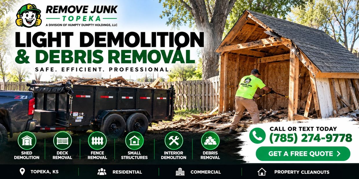 Remove Junk Topeka light demolition and shed removal with pickup truck and dump trailer in Topeka, K