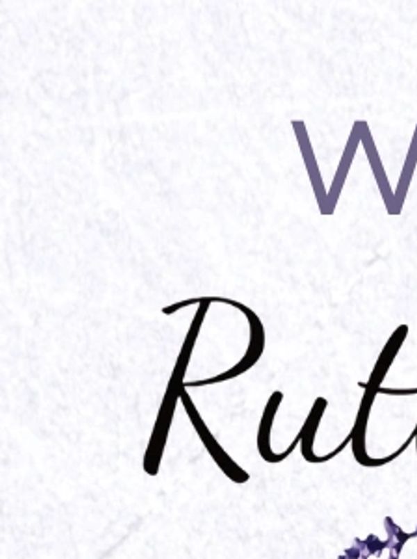 Partial text with elegant script and purple floral decoration.