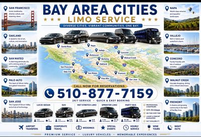 Bay Area Cities limo service with luxury vehicles and 24/7 booking.