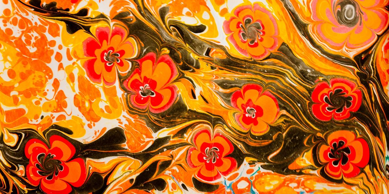 Oil print of orange poppies and swirls