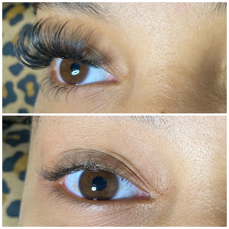This is a new client with a new set of eyelash extensions applied to her upper and lower eyelashes. 