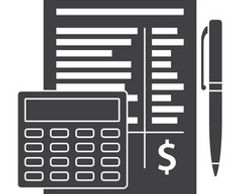 Calculator, financial document, and pen icon in black and white.