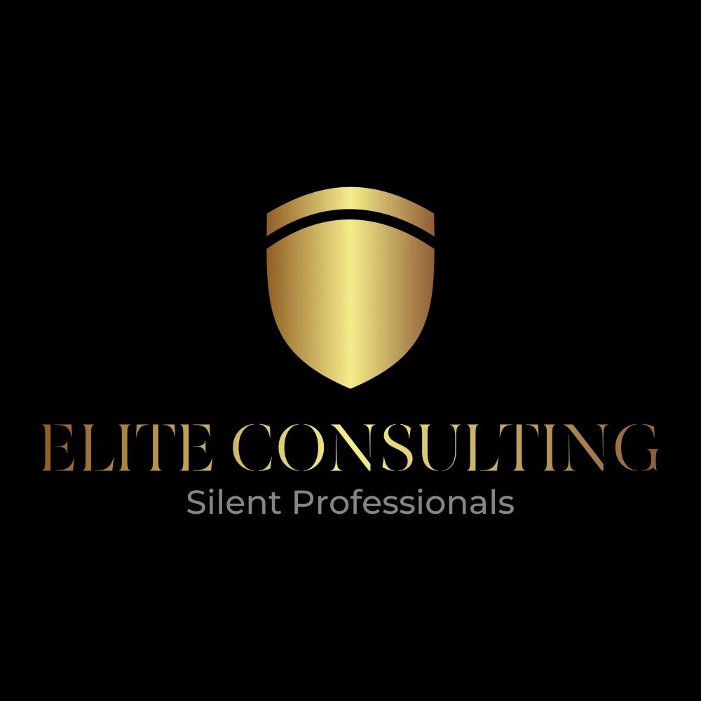 Gold shield logo for Elite Consulting with tagline Silent Professionals.