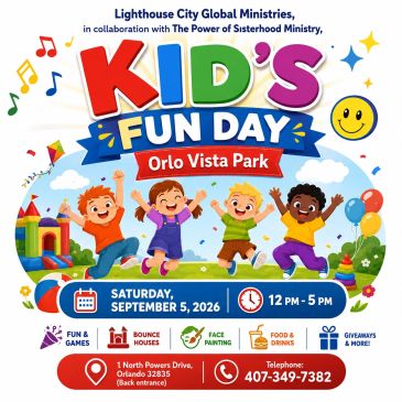 Colorful Kid's Fun Day event flyer for Orlo Vista Park on September 5, 2026.