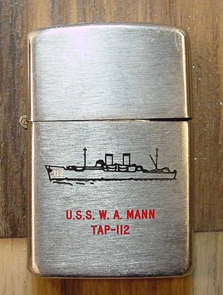 VINTAGE US NAVY SHIP ENGRAVED LIGHTER U.S.S. W.A. MANN TAP-112 By Prince,  Item #1769