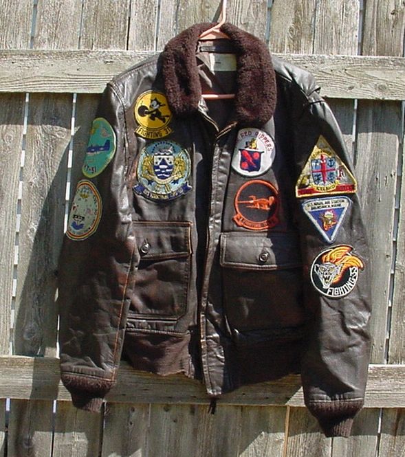 VINTAGE US NAVY G-1 LEATHER FLIGHT JACKET WITH PATCHES USN, Item #2242