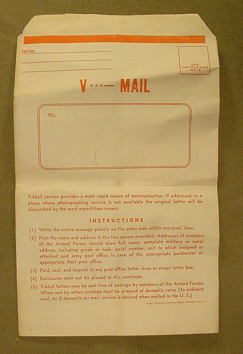 WWII US V-MAIL ENVELOPE, Item #0113