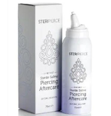 Steripierce sterile saline piercing aftercare spray with decorative design.