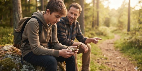 Father and son using a compass outdoors.