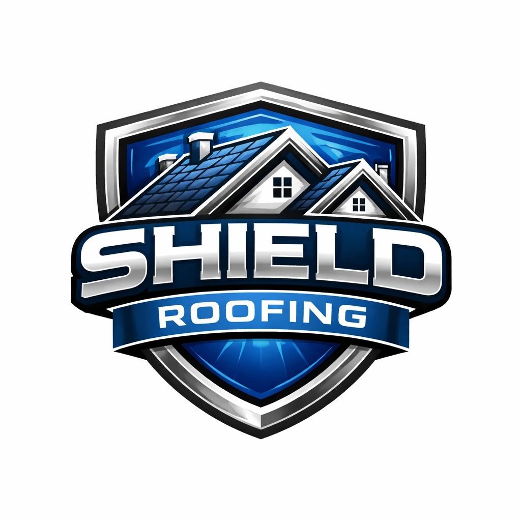 Shield Roofing logo with a house and protective shield design in blue and silver.