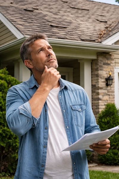 Man inspects a damaged roof while holding documents.