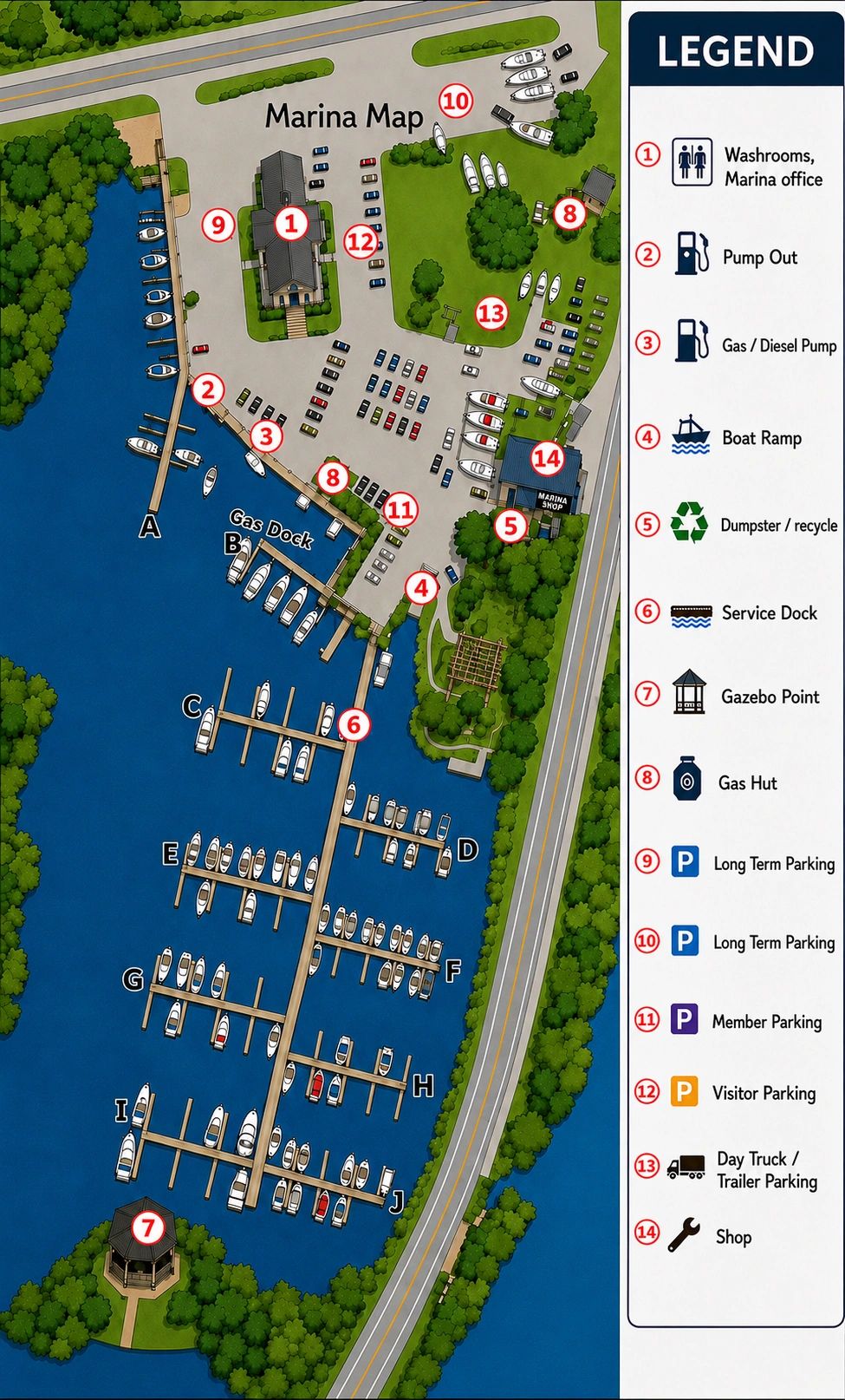 Detailed marina map with labeled docks, parking, and facilities.