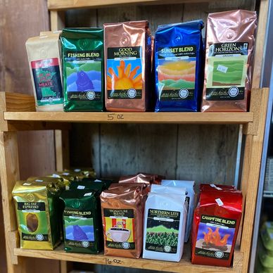 Display rack showing coffees available at F & D Meats in Virginia, MN
