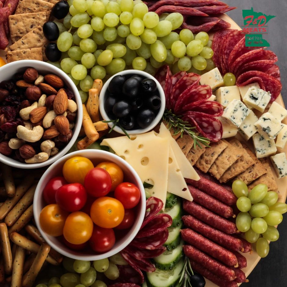 Photo of a charcuterie tray with smoked meats, cheeses, fruits, vegetables, nuts, and crackers. 