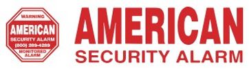 Logo for American Security Alarm, featuring a red warning shield and bold text.