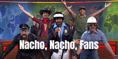 Comedy sketch with five men in costumes performing.