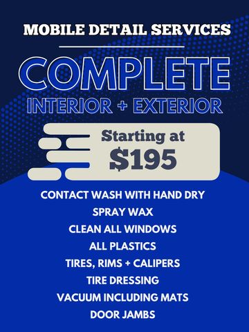 Mobile detailing service offering complete interior and exterior cleaning starting at $195.