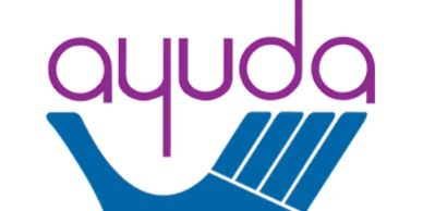 Logo with the word 'ayuda' above a blue stylized hand.